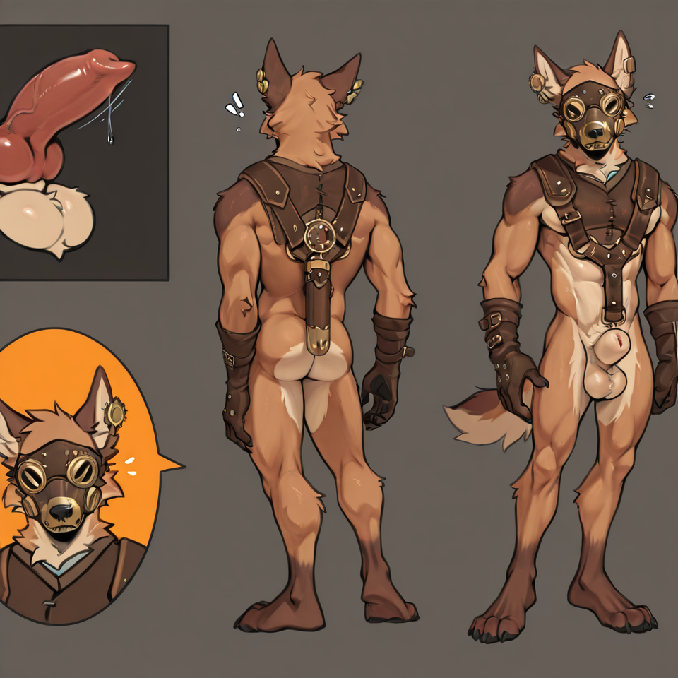 Muscular, steampunk,mask_only, animal_genitalia, sheath, balls, big_sheath, solo, masturbation , canine_genitalia,