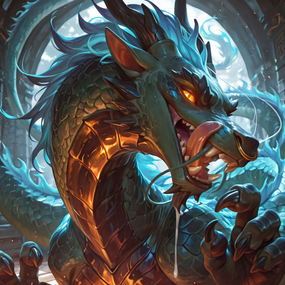 eastern_dragon, cum_drip, animal_penis, licking_lips, glowing_eyes, realistic_feral, claws, fangs, nose_ring,
