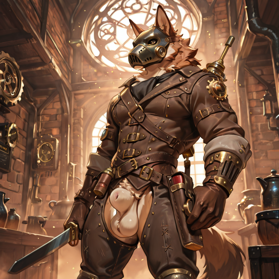 Muscular, steampunk,mask_only, animal_genitalia, sheath, balls,