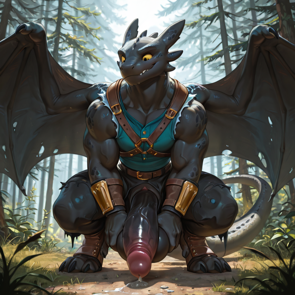 feral_pred, huge_penis, huge_balls, dragon, dragon_genitalia, male, size_difference, toothless, muscular, solo, feral, biting_lip, wings, clothing, torn_clothing, wardrobe_malfunction,
