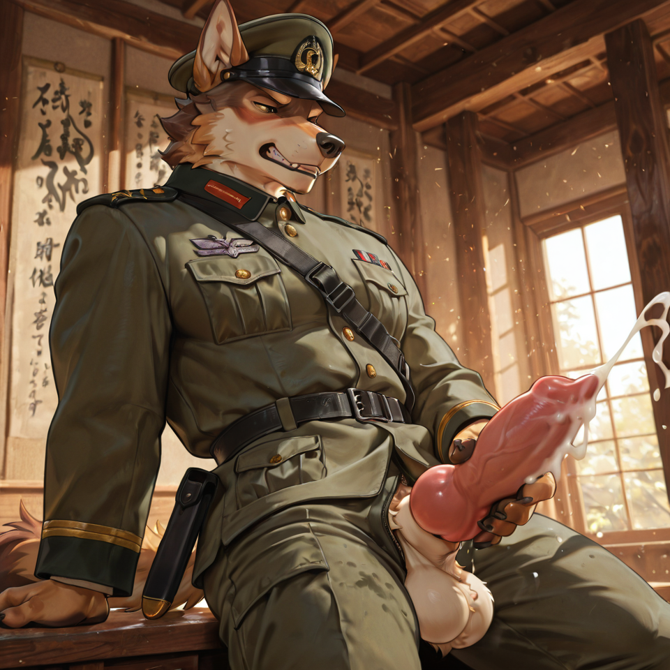 Muscular, animal_genitalia, sheath, balls, big_sheath, solo, masturbation , canine_genitalia, cumshot, military_uniform, fully_clothed, cum_through_clothing,