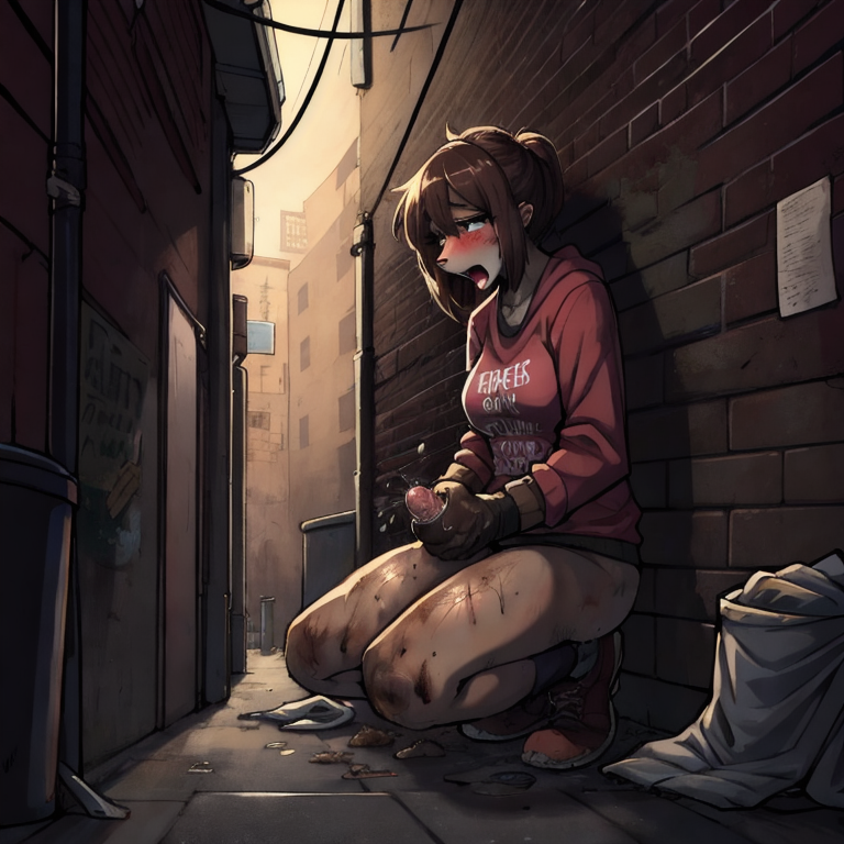 in dark alley, homeless female, embarassed, , ((masturbation)), dirty, bottomless