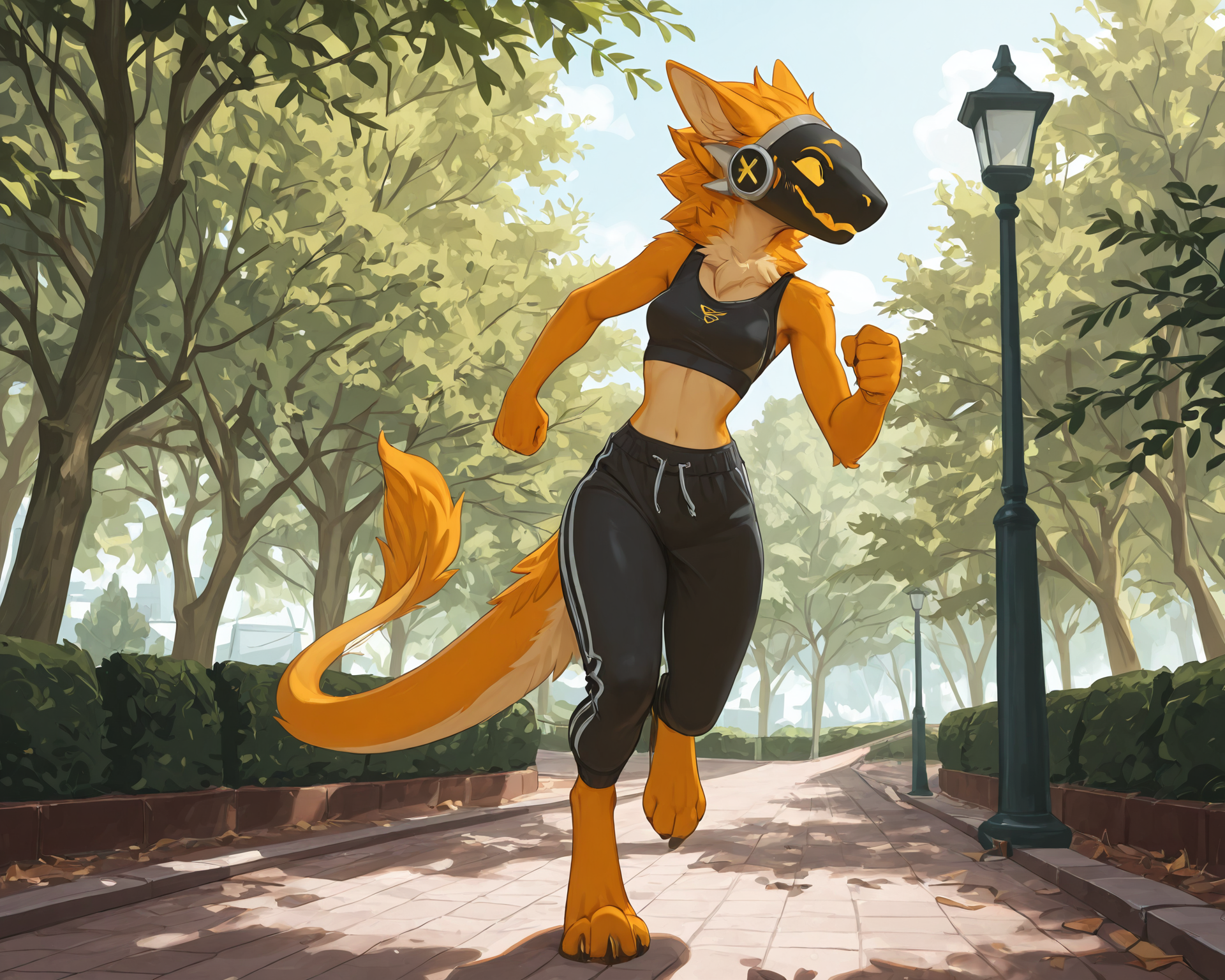 by_kluclew:1.5, protogen, dragon, hybrid, female, thin, slender, small_breasts, small_waist, jagged_mouth, jogging_clothers, digitigrade, sweatpants, crop_top, sunny, park, populated_park, detailed_fur, being_watched,
