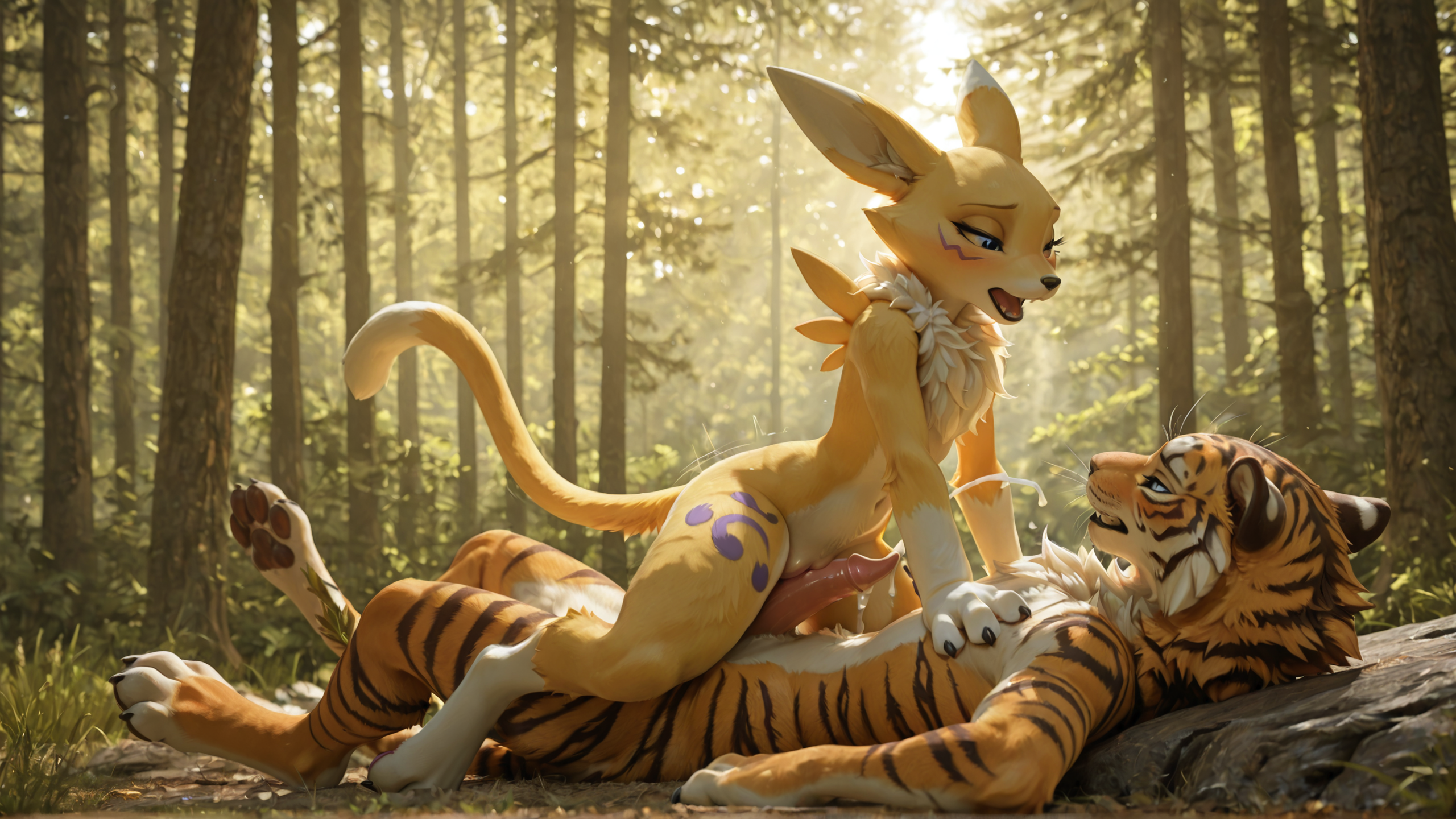 duo, (3d:1), (photorealism:1.3), (realistic:1.3), adult, (detailed:1), (renamon:1),  female, (feline_pussy:1.4),  (feline_vulva:1.3), (fluffy:1), genital_fluids, tiger, male, (genital_slit:1.2), (tapering_penis:2), (spiked_penis:1.3),  (pussyjob:2), female_riding_male, cowgirl_position, side_view, cum,  cumshot,  overstimulation, forest,  looking_pleasured,  full_body, lying_on_ground, female_on_top,  looking_at_another,