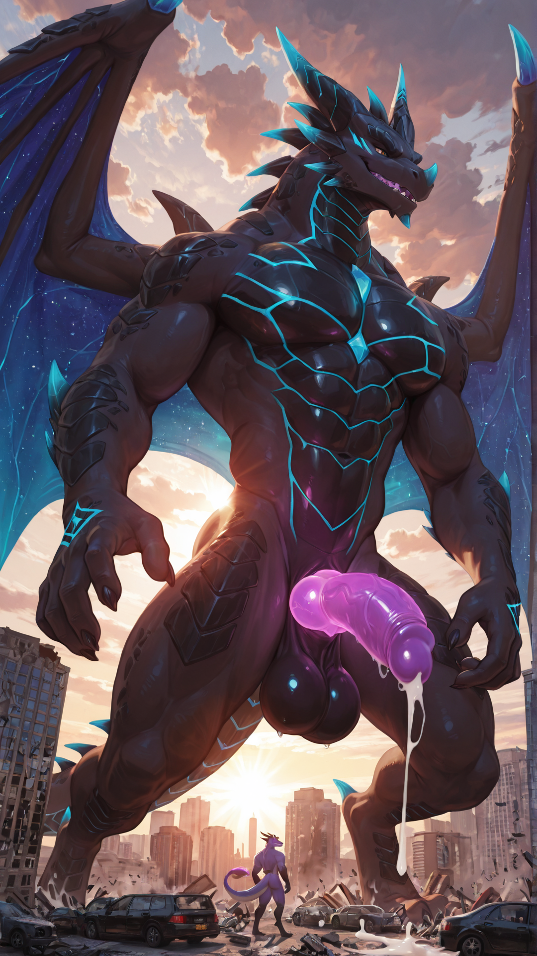 Aidennguyen17_style, adult only, male/male, Dragon_Acnologia, muscular_male, wings, black_body, purple_fur, glowing_penis, glowing_balls, big_balls, big_penis, building_destruction, building_penetration, size_difference,  high quality, 4k, sunlight, cum_drip, more colorful,