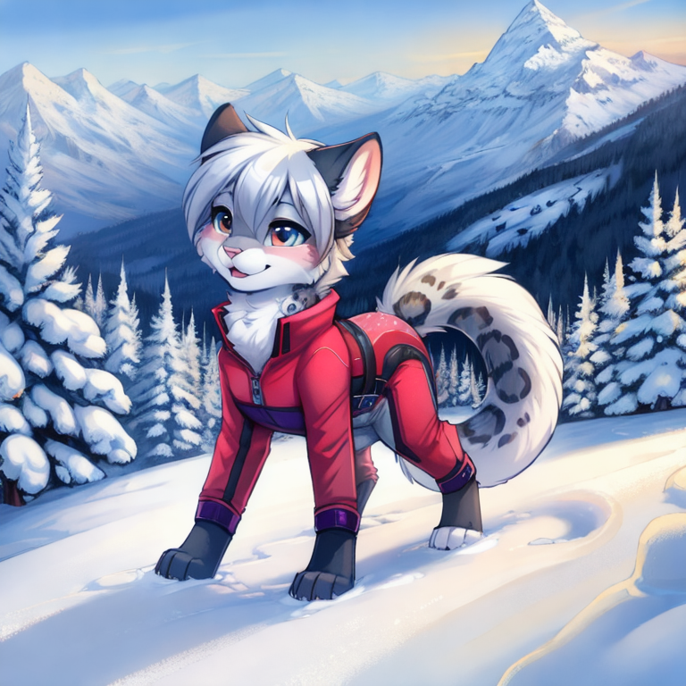 by tom fischbach,by arh,by seraziel,by silverfox5231, Character: feline,snow leopard, feral,detailed face,female,cute face, solo, solo, Wearing:  pattern skinsuit, diaper_under_clothing, vibrator_in_ass,  Scene:outside, mountain, snow, best_quality, HDR, 4K,