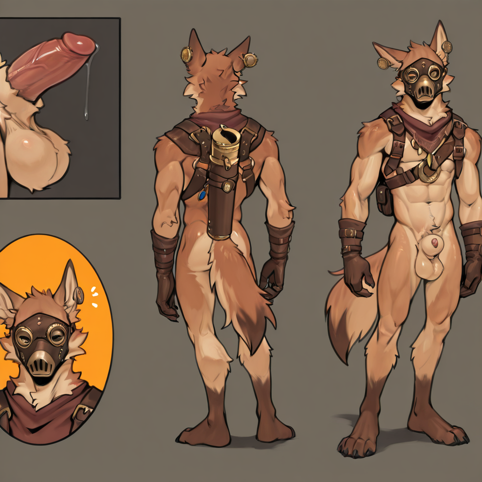 Muscular, steampunk,mask_only, animal_genitalia, sheath, balls, big_sheath, penis_tip, penis_poking_out,