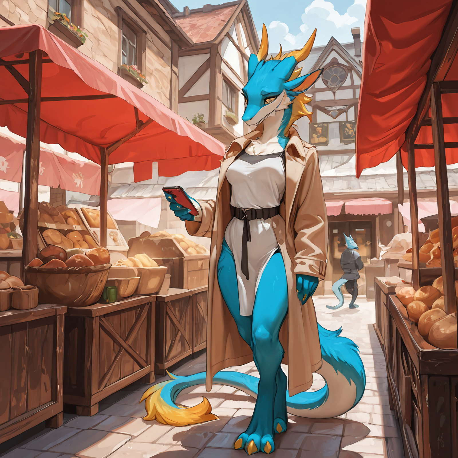 female, furred_dragon, anthro, blue_fur, long_fur, yellow_highlights, digitigrade, three_toes, dragon_claws, dragon_tail, dragon_head, trenchcoat, small_breasts, slender, sfw, clothed_anthro, market, closed_clothes
