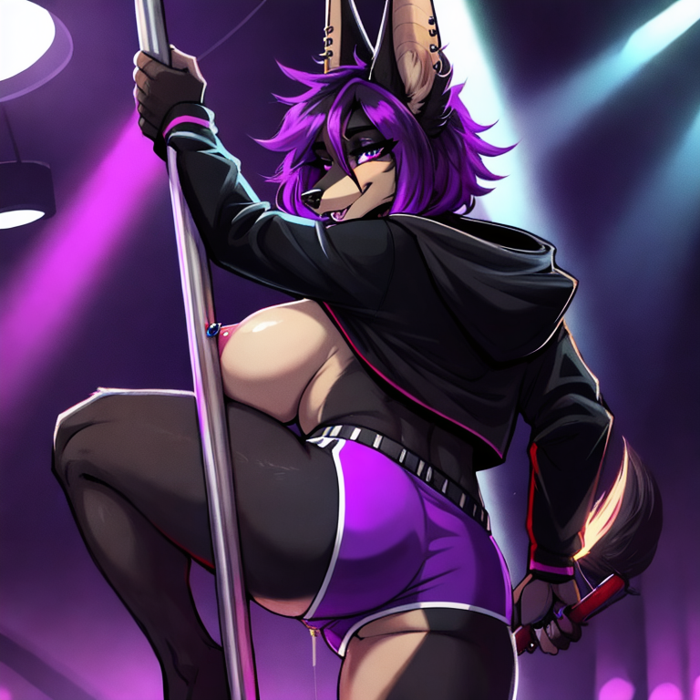 A Voluptuous_female jackal with black_fur and glowing_marking large_breast perky_breasts  Messy_hair, hair_over_eye,  glowing_nipples, ,glowing_pussy Glowing_purple, multiple_piercings nipple_piercing, clitoris_piercing, pole_dancing, presenting_hindquarters, cropped_hoodie, gym_shorts,