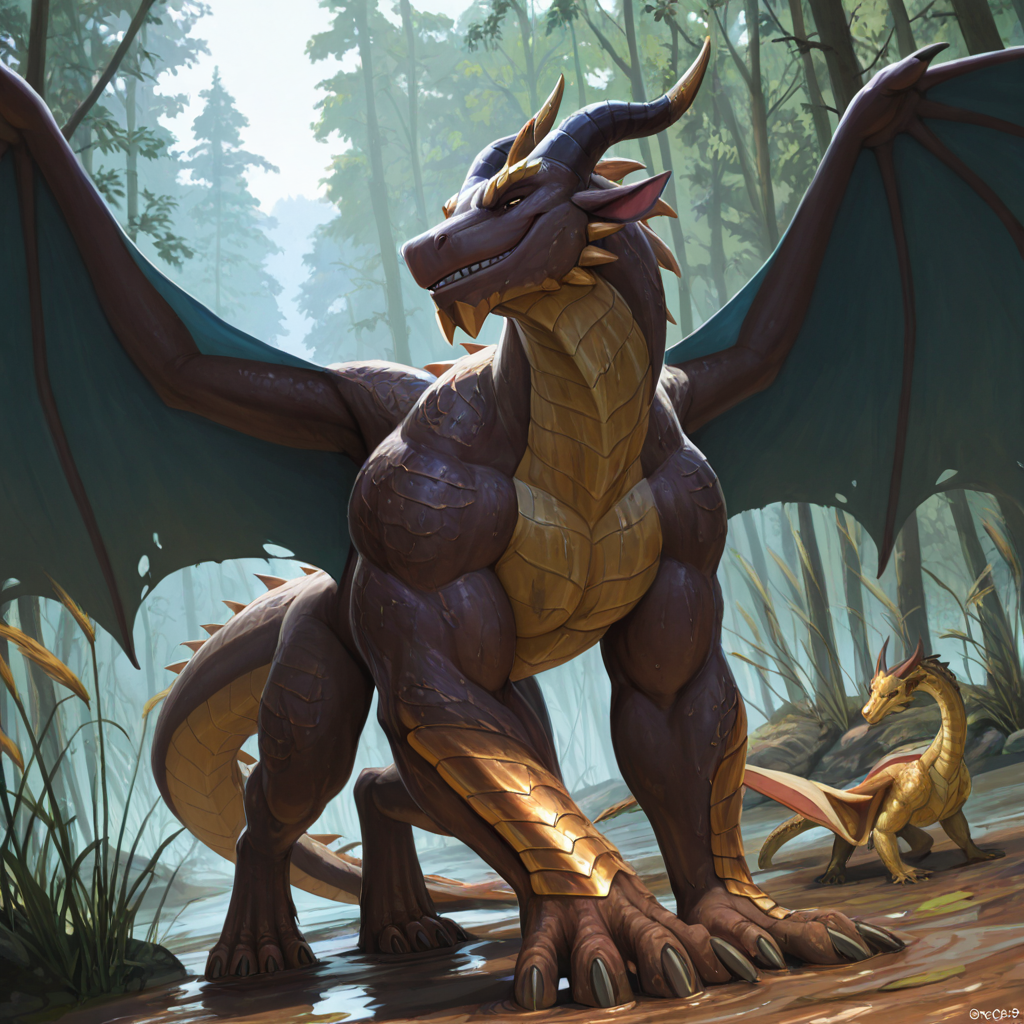 (feral_male, muscular male MudWing from Wings of Fire) dragon, mud, swamp, reeds, friendly, smile, copper/gold scales, feral dragon, male dragon, on all fours, exposied cock, sheath, horsecock, equine genitalia,