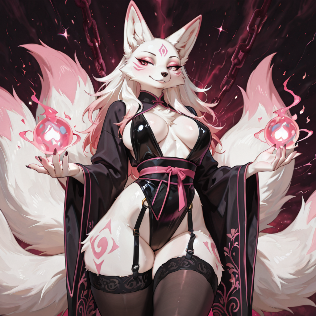Athletic, Female Anthro kitsune with ,multiple tails, white hair, white fur, with pink markings, medium scene hair, medium breast, wearing revealing business attire, with garters, 7tails, Energy orbs near tails