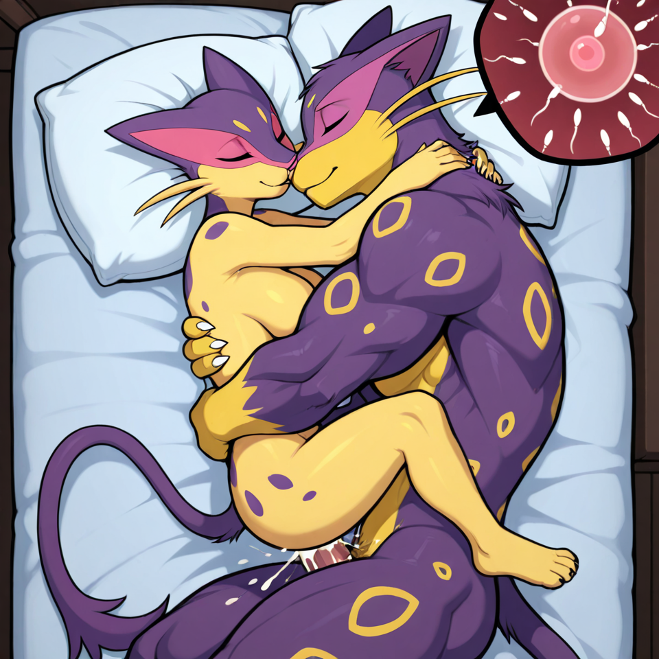 anthro_on_human, human, male/female, vaginal_penetration, impregnation, cum, Liepard from Pokémon, muscular, male_anthro, female_human, female_human, love, breeding, hugging_from_front, romantic_couple, full_naked, sleeping, laying on the bed