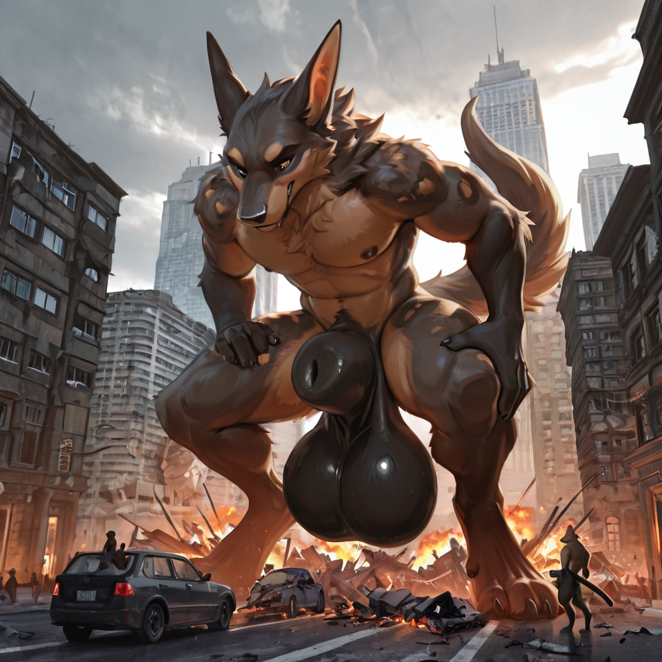 building_destruction, nude_male, anthro, sheath, huge_balls, huge_sheath, tiny_people
