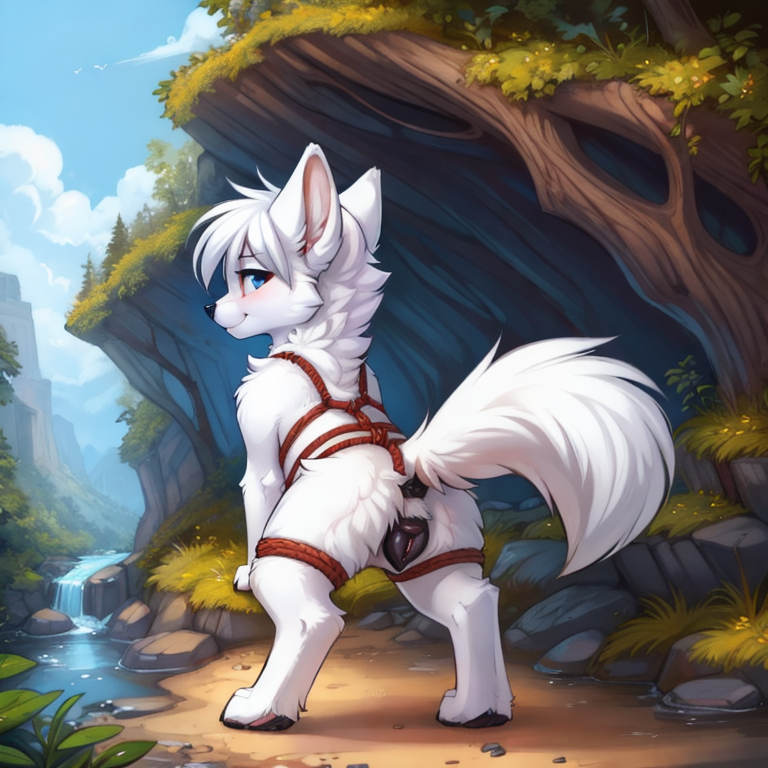 by tom fischbach,by arh,by seraziel,by silverfox5231, Character: wolf, canine, feral,detailed face,female,cute face, solo, black pussy(canine pussy, thick pussy,), black_anus, solo, Wearing:  rope_harness, big_buttplug in ass anthro, Scene:outside,best_quality, HDR, 4K, exposed genitalia,rear view, looking for wiewer,