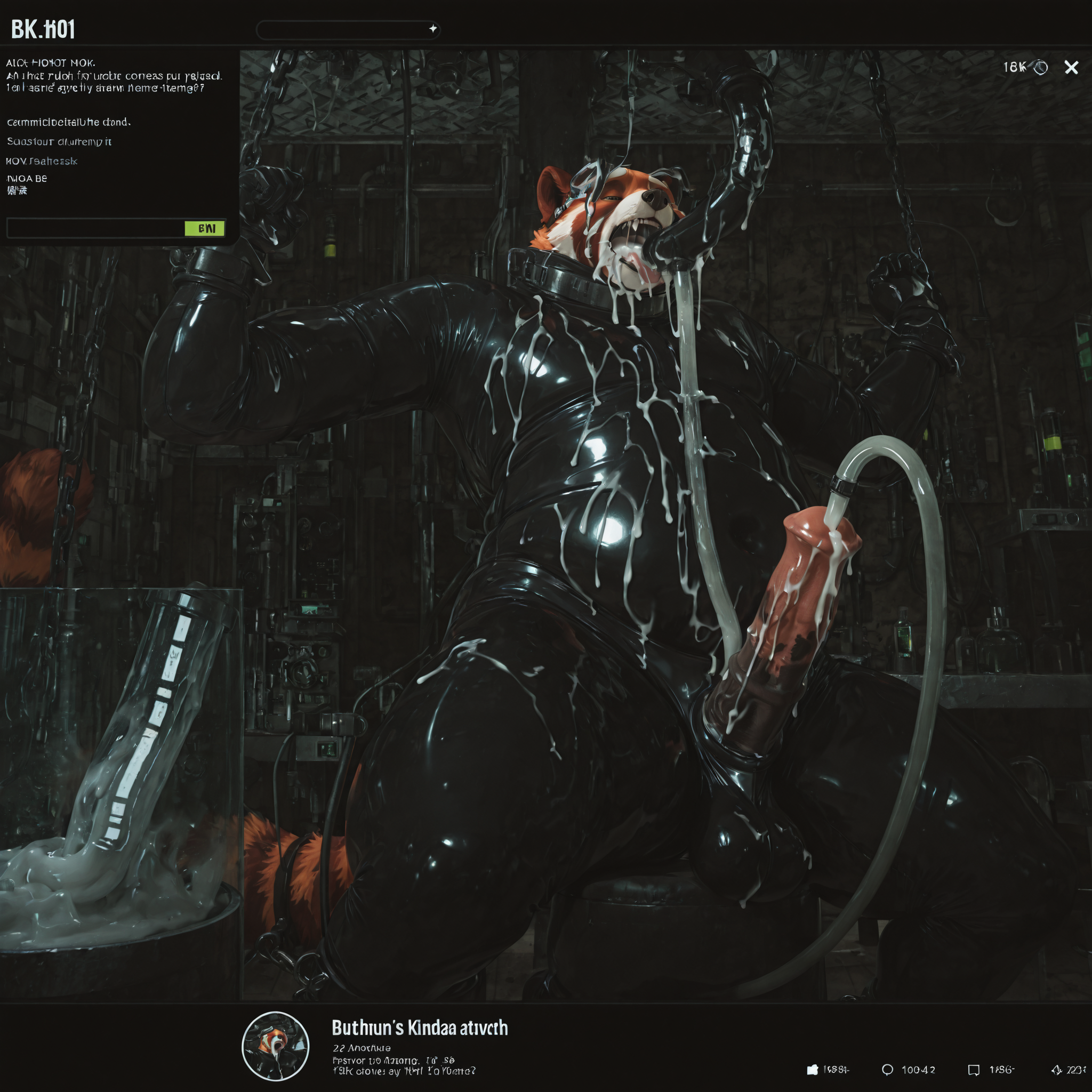 solo, red_panda, slightly_chubby, male, anthro, equine_penis, anatomically_correct, rubber_suit, chained, cum_in_own_mouth, cum_tube, laboratory, explicit
