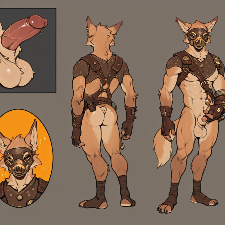 Muscular, steampunk,mask_only, animal_genitalia, sheath, balls, big_sheath, penis_tip, penis_poking_out, solo, masturbation