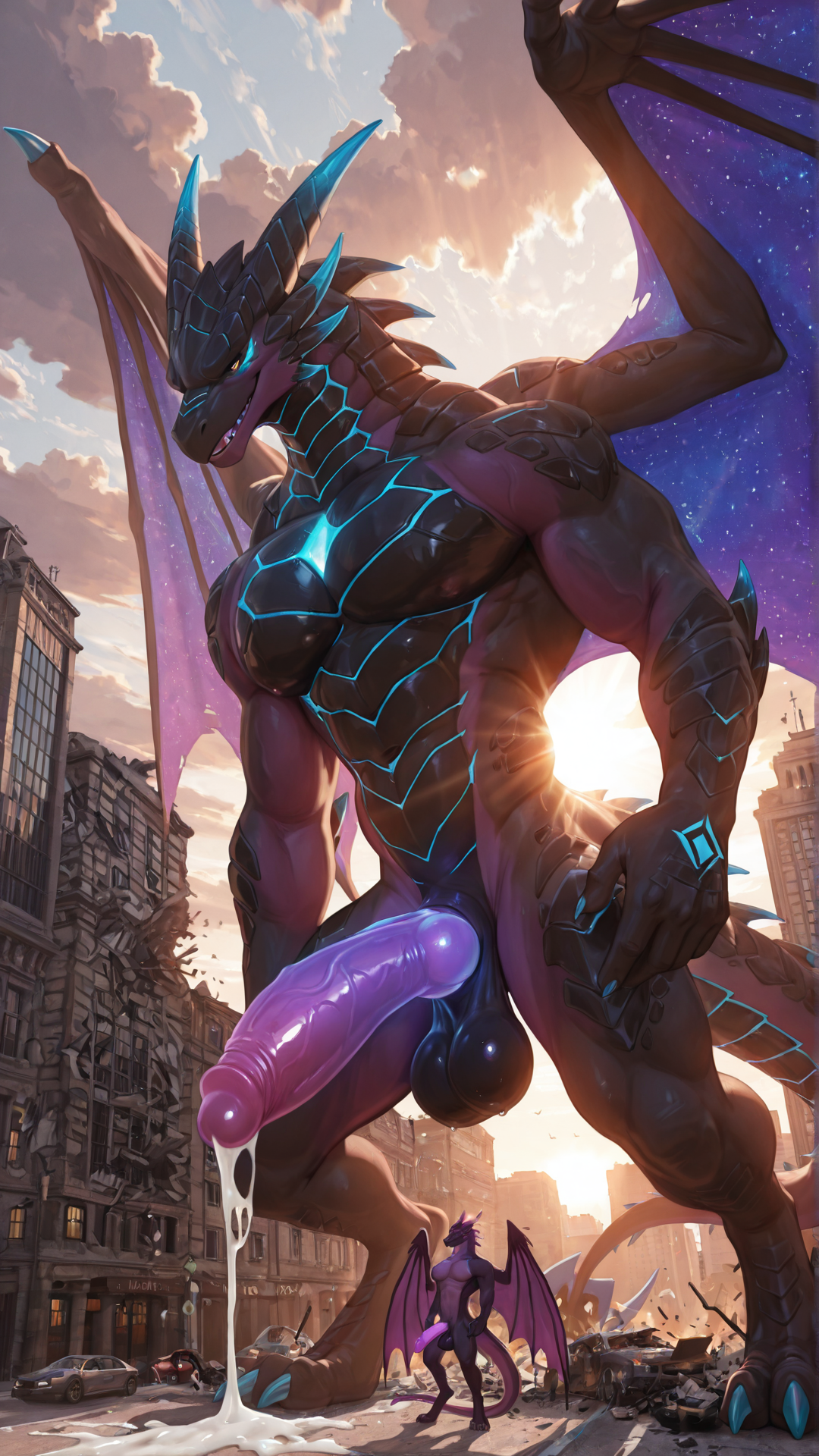 Aidennguyen17_style, adult only, male/male, Dragon_Acnologia, muscular_male, wings, black_body, purple_fur, glowing_penis, glowing_balls, big_balls, big_penis, building_destruction, building_penetration, size_difference,  high quality, 4k, sunlight, cum_drip, more colorful,