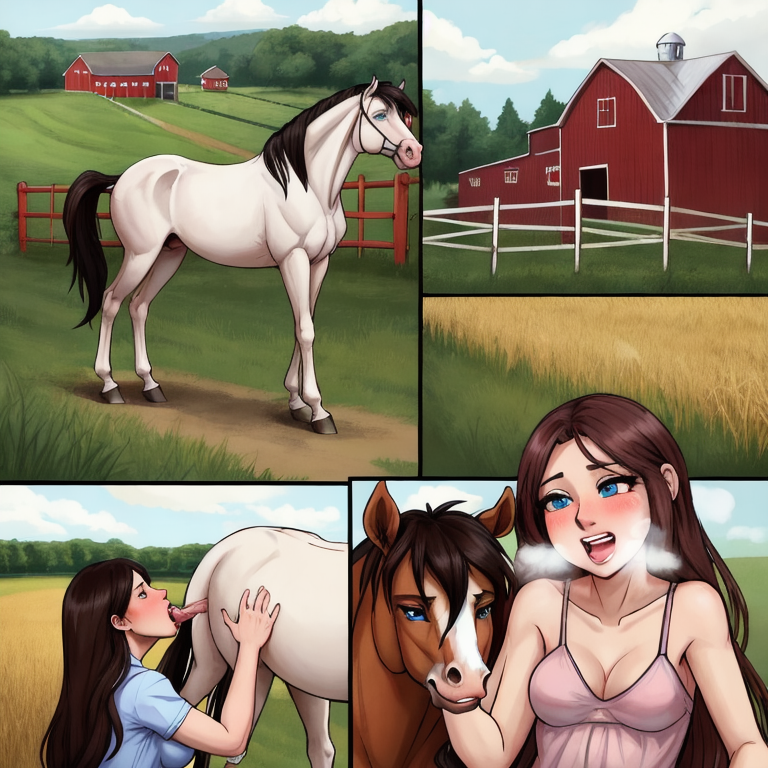 human, Girl,  farm, blue_eyes, skinny, farm, stallion, feeding, pet, licking_girl, good_girl, accidental_exposure, pheromones, inter interspecies, male_penetrating_female, bestiality, anatomically_correct_genitalia, presenting_vulva, transformation_sequence, interspecies_impregnation, penetration,