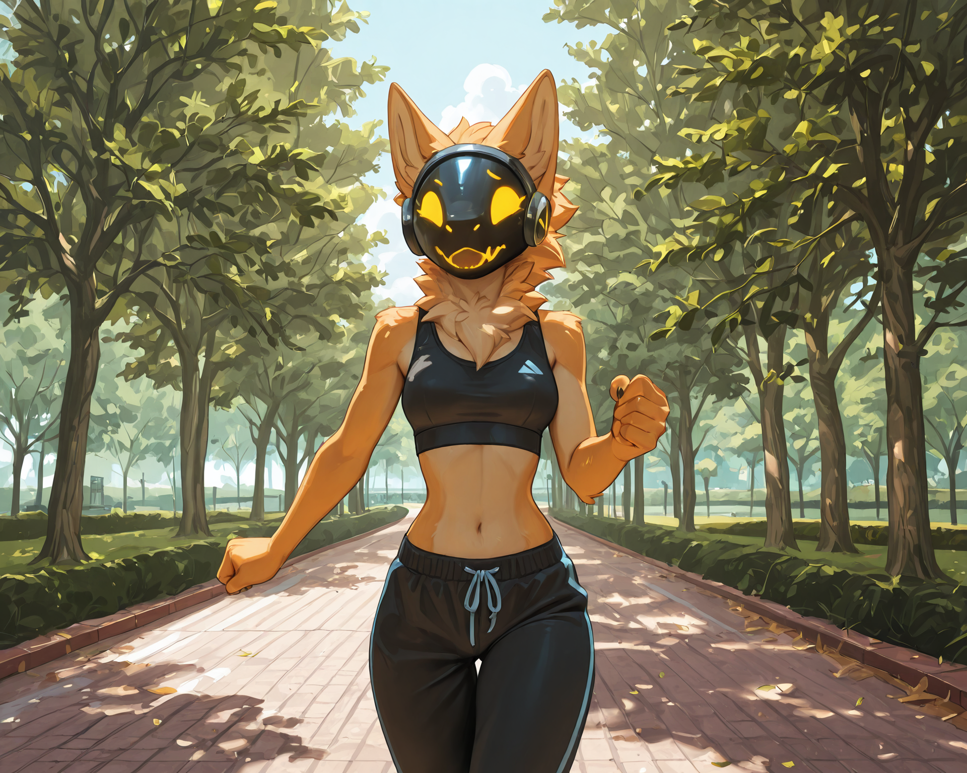 by_kluclew:1.5, protogen, female, thin, slender, small_breasts, small_waist, jagged_mouth, jogging_clothers, sweatpants, crop_top, sunny, park, populated_park
