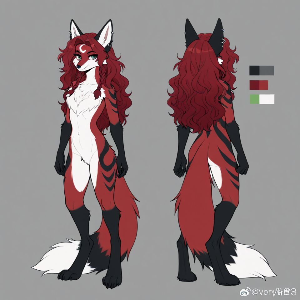 anthro female fox, dark burgundy red fur, slim build, digitigrade legs, nude, neutral pose, fluff on chest dark red hair, wavy hair, long hair, loose hair, braided hair, multiple small braids, hair wraps light grey-green eyes ivory muzzle, ivory chest fur, ivory belly fur, ivory tail tip black forearms, black hands, black lower arms, black legs, black feet, black from knees down, black stripe next to nose, black ear tips, charcoal black markings, black stripes on thighs, black stripes on upper arms crescent moon marking, white crescent moon, upside-down crescent moon on forehead with points upwards, white crescent moon on tail, white star design on each shoulder long fluffy tail, tail accessory, metal tail ring, silver tail band at base, braided tail fox ears, ear piercings, silver ear hoops clean lines, full body, front view, reference sheet style