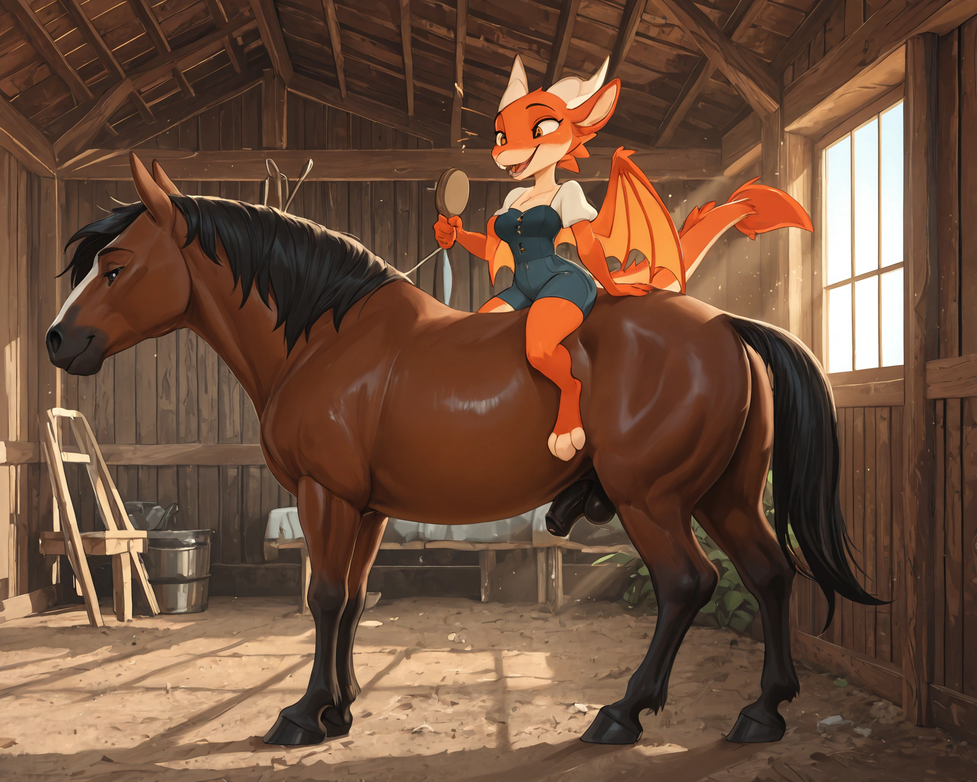 by_kluclew, duo, furred_dragon, anthro, furred_wings, orange_fur, digitigrade, three_toes, dragon_claws, female, small_breasts, clothed_anthro, slender, happy, gleeful, toothy_smile, barn, stable, brushing_horse, standing, next_to_partner, smaller, small_female, side_by_side BREAK quadruped, equine, horse, feral, realistic_feral, brown_body, equine_genitalia, sheath, flaccid, fully_sheathed, larger_male, large_horse