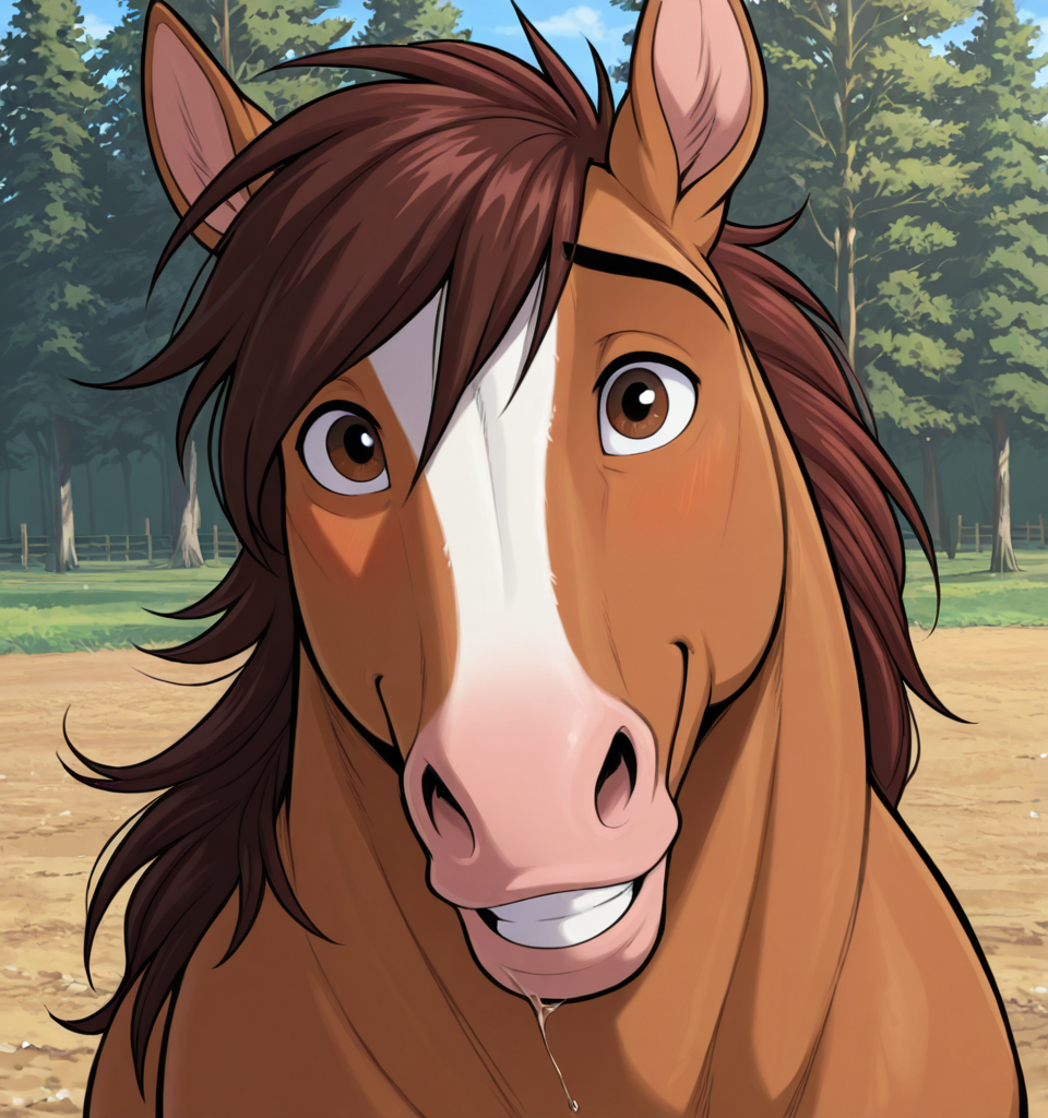 male feral horse, equine genitalia, leaking pre, smiling at viewer, feral horse, horse, male,