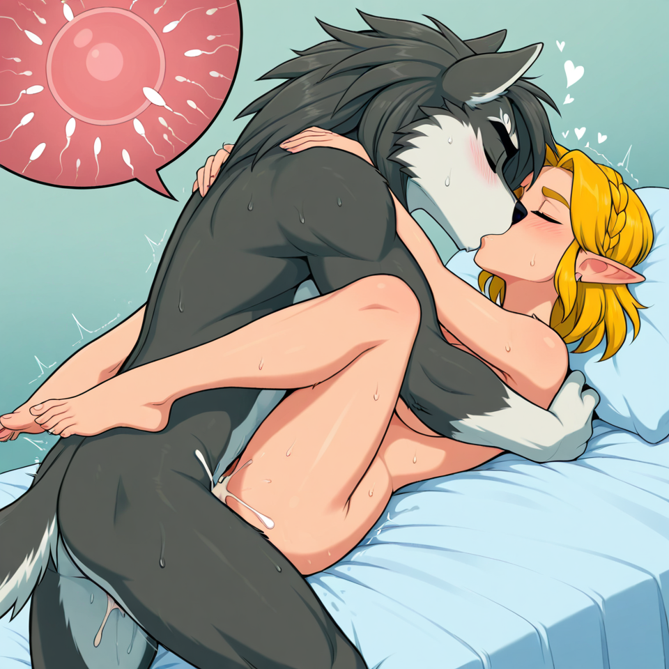 anthro_on_human, human, male/female, vaginal_penetration, impregnation, cum, wolf link from zelda, handsome, male_anthro, female_human, female_human, love, breeding, hugging_from_front, romantic_couple, full_naked, kissing, laying on the bed
