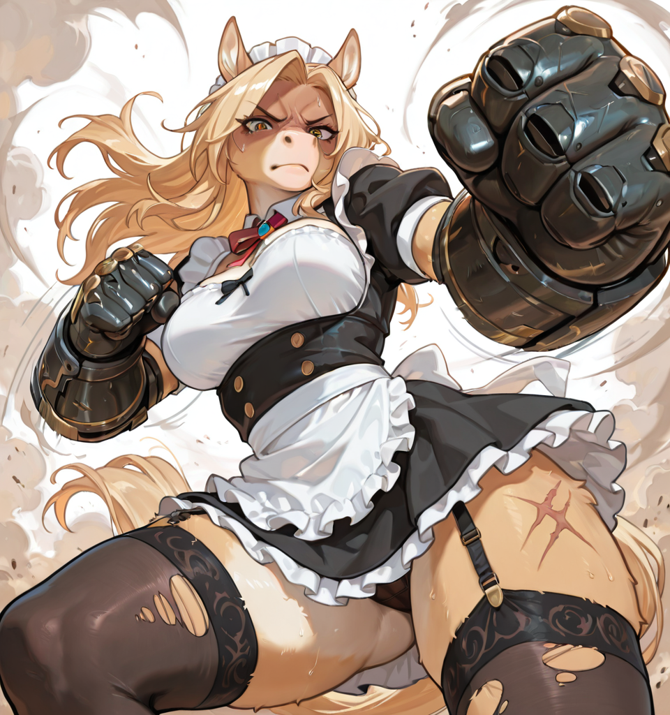 horse girl, anthro, maid uniform, torn clothing, scar, serious face, skimpy, clothing cutout, medium breasts, thighhighs, thighs, garter straps, dust cloud, long hair, (incoming attack:1.2), punching, (foreshortening:1.2), (close-up:1.3), dynamic pose, female, motion lines, afterimage, power fist,  blond fur, looking at viewer, shaded face, low-angle view, front view,
