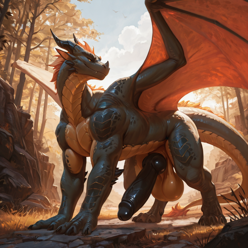 Male, solo, huge_balls, huge_penis, sheath,  dragon, feral, wings, on_all_fours