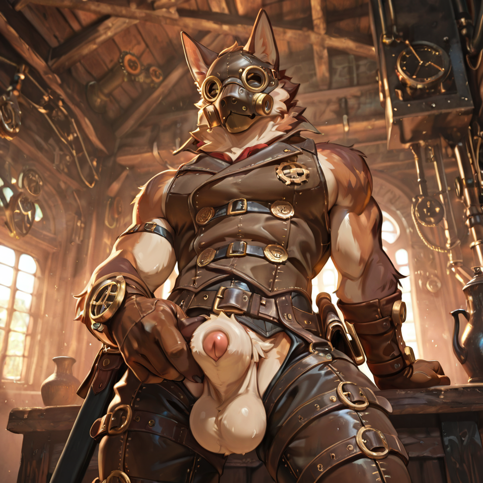 Muscular, steampunk,mask_only, animal_genitalia, sheath, balls, sleeveless_clothing, big_sheath, penis_tip, penis_poking_out,