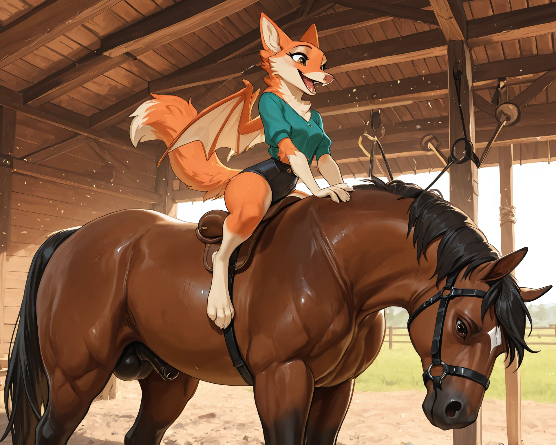 by_kluclew, bestiality, intraspecies_bestiality, duo, furred_dragon, anthro, furred_wings, orange_fur, digitigrade, anthro_three_toes, dragon_claws, female, small_breasts, clothed_anthro, slender, happy, gleeful, toothy_smile, barn, stable, smaller, small_female, kneeling_oral_position, ball_fondling, lustful_gaze, licking_sheath, oral, oral_penetration, servicing_from_below,  BREAK quadruped, equine, horse, feral, realistic_feral, brown_body, equine_genitalia, sheath, flaccid, fully_sheathed, larger_male, large_horse, beside_anthro, male/female