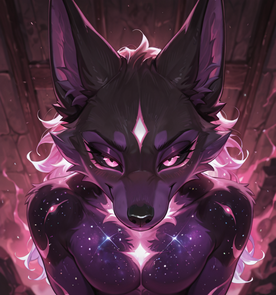 MASTERPIECE, FURRY, HIGH RESOLUTION, BEST QUALITY, AMAZING QUALITY, NEWEST, ULTRA-DETAILED, VERY AESTHETIC, DETAILED HAIR, DETAILED FLUFFY FUR, DEPTH OF FIELD, ABSURDRES, VOLUMETRIC LIGHTING, PHOTOREALISTIC DETAILS, ANTHRO, detailed_shadows, correct_anatomy (detailed_eyes), EyesHD, (detailed_face), (detailed_fluffy_fur), illuxy_style,, solo BREAK, ((black sclera)), ((pink eyes)), ((glowing eyes)) {ultra_detailed, , absurd_resolution, 8k, masterpiece, looking at viewer, half-closed eyes, smile, blush, ((fire hair)), ((glowing hair)), (((flame hair)))} {ultraviolet light, glowing, glowing hair, glowing eyes} {looking_at_viewer, cocky_expression, scenery, (happy:1.0), (aggresive:1.2), (sexy:0.9), wide_eyes} anthro_fox, violet_fur, pink_head_hair, wolf_face, anthro_wolf, violet_skin, glowing_hair, cosmic_fur, glowing_eyes, furry, galaxy_fur, white_sclera, pink_cornea, hair_between_eyes, inner ear fluff, cosmic_fur, purple_hair, pink_tips, glowing_hair, glowing_ears, cheektuft, galaxy