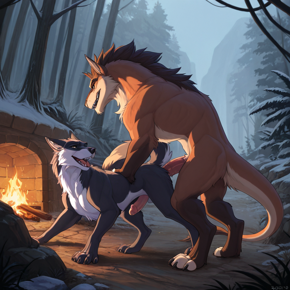 male/male, feral, human_on_feral, human_penetrating, humanoid_penis,