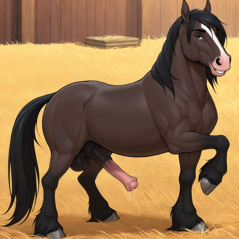 male feral horse, equine genitalia, leaking pre, smiling at viewer, feral horse, horse, male, horsecock, presenting penis