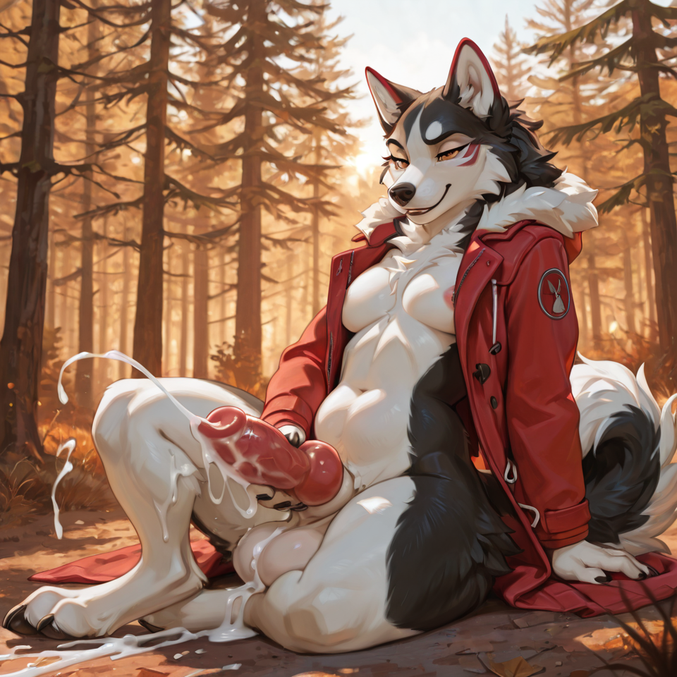 fully anthropomorphic red and white husky trans woman, feminine anthro body proportions, full fur covered body, digitigrade canine legs, thick thighs, wide hips, soft belly, curvy athletic build, visible bust, feminine torso proportions, narrower waist with wide hips, rounded thighs, thick calves, large fluffy tail, paw hands, paw feet, non-human canine muzzle, black canine nose, husky facial markings, expressive amber eyes, triangular husky ears female-coded anthro anatomy, feminine chest, soft curves, curvy hips, rounded glutes, confident feminine stance, forestry worker physique, strong but feminine build, muscular yet soft body, outdoorsy strong feminine husky anthro anthropomorphic husky woman, NOT human, full furry character, non-human anatomy, realistic anthro proportions Feminine anthro body Female-coded proportions Trans woman identity Full anthro anatomy Avoids male anthro drift feminine anthro husky face, soft but confident expression, canine muzzle, black nose, red and white husky markings, warm confident eyes, playful cocky expression, expressive ears, thick cheek fur, feminine but non-human face structure female anthro husky, feminine body proportions, curvy anthro build, full furry anatomy,anthropomorphic red and white Siberian husky, distinct husky coat pattern, red fur on head and back, white muzzle, white chest, white inner thighs, white underbelly, white tail tip, husky facial markings, white cheek fur, white eyebrows, red outer ears with white inner ear fur, thick double coat fur texture, fluffy husky tail, dense northern breed fur, medium length thick fur, red and white husky coloration, northern husky breed characteristics, realistic Siberian husky anthro anatomy husky-specific traits: white muzzle white chest white belly red outer coat white tail tip husky face thick double coat triangular upright ears anthropomorphic red Siberian husky, not wolf, not fox, not generic dog non-male anthro naked, fully_sheathed, sheathed_canine_penis, knotted_penis, canine_genitalia, red_penis, big_balls, full_balls, masturbation, solo_orgasm, ejaculation, audible_ejaculation, erection, cum_on_penis, cum_drip, cum_on_ground, cum_on_balls, cum_splatter, cumshot, cum_string, cum_strand,