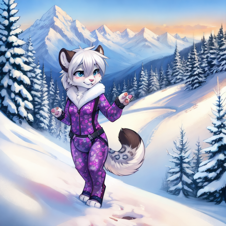 by tom fischbach,by arh,by seraziel,by silverfox5231, Character: feline,snow leopard, feral,detailed face,female,cute face, solo, solo, Wearing:  pattern skinsuit, diaper_under_clothing, vibrator_in_ass,  Scene:outside, mountain, snow, best_quality, HDR, 4K,