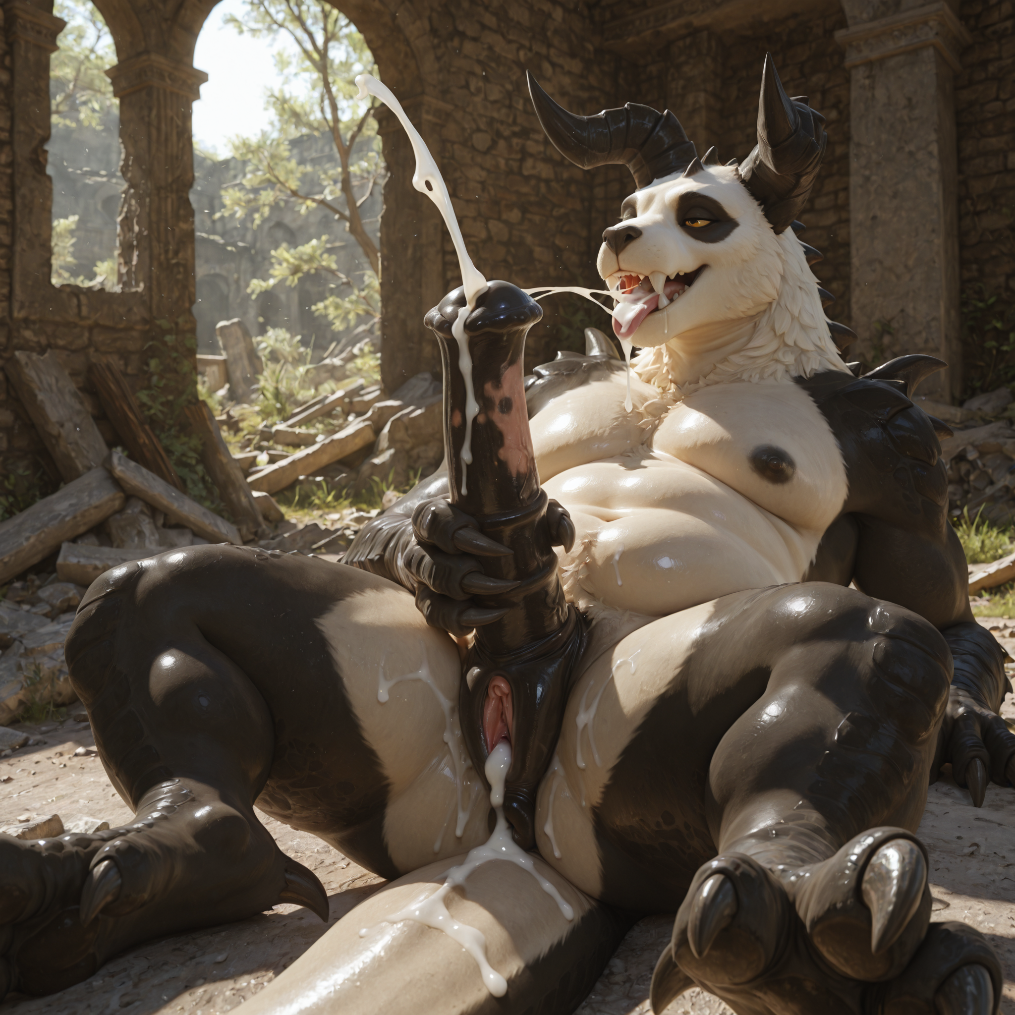 (photorealism:1.8), realistic, (3d:1.2), realistic_penis_size, solo, intersex/male, slightly_chubby, black_body, white_body, (panda:1), (deathclaw:1.3), hybrid, equine_penis, genital_slit, (equine_pussy:1.2), ruins, full_body, lying_on_ground, presenting_vulva, masturbation, cum, cumshot_in_mouth, cum_in_vagina,