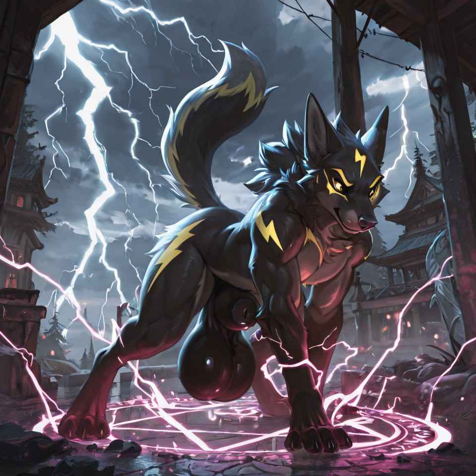 magic_circle, nude, animal_genitalia, huge_sheath, huge_balls, lightning_bolt,