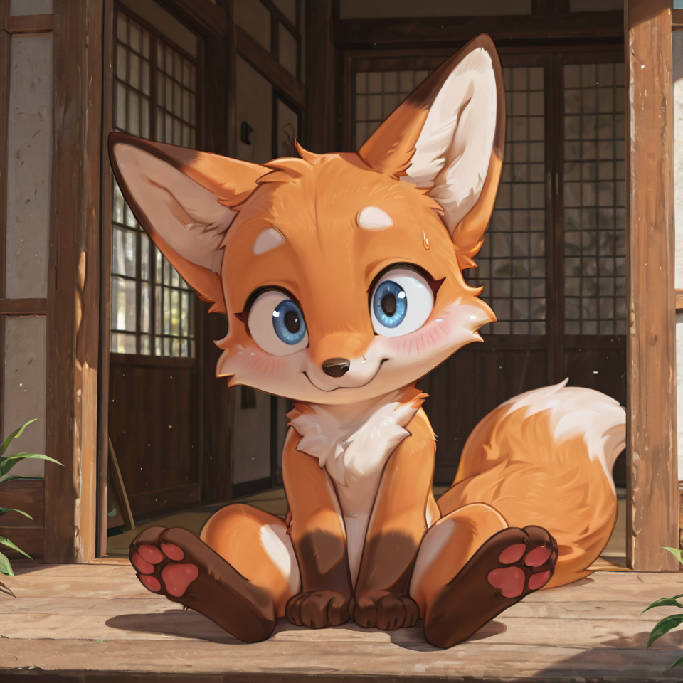 a cute fox, blue eyes, sitting