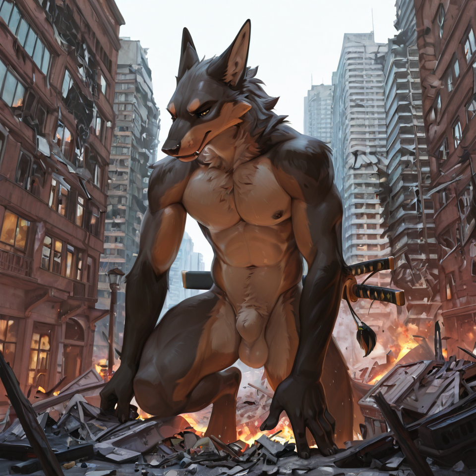 building_destruction, nude_male, anthro, sheath, sheath_piercing,