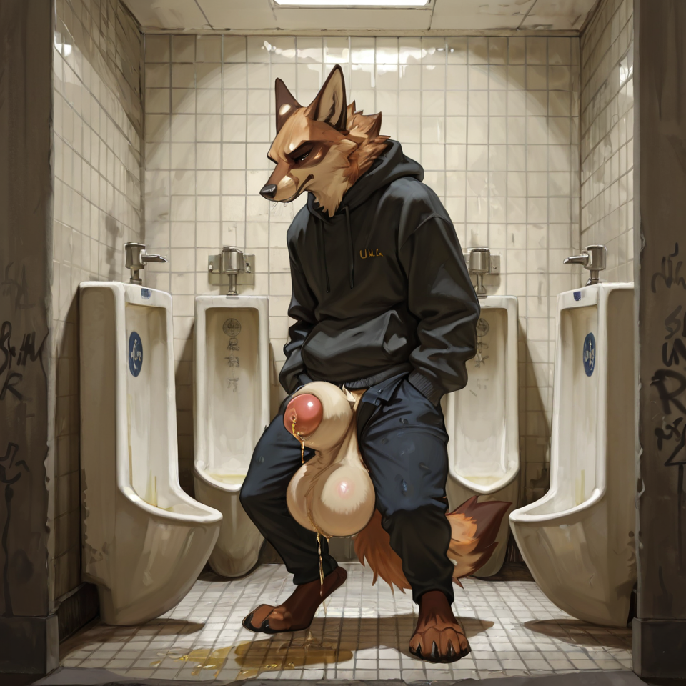 animal_genitalia, huge_sheath, huge_balls, urine_on_ground, fully_clothed, standing, public_restroom, urinal