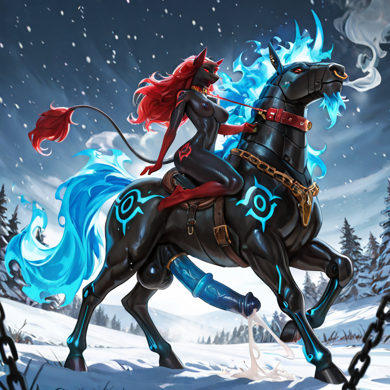 muscular, black_body, robot_stallion,realistic_feral, huge_penis, blue_fire,mane, collar_only, chain, cumshot, sexy_eyes, hooves, person_riding on saddle, outside, winter, smoke_from_nose, red_eyes, glowing_eyes, size_difference,cock_ring, magic_user, glowing_markings, nose_ring, ear_piercing, leash_pull, long_hair, long_tail, tail_accessory, anal_penetration, gangbang,