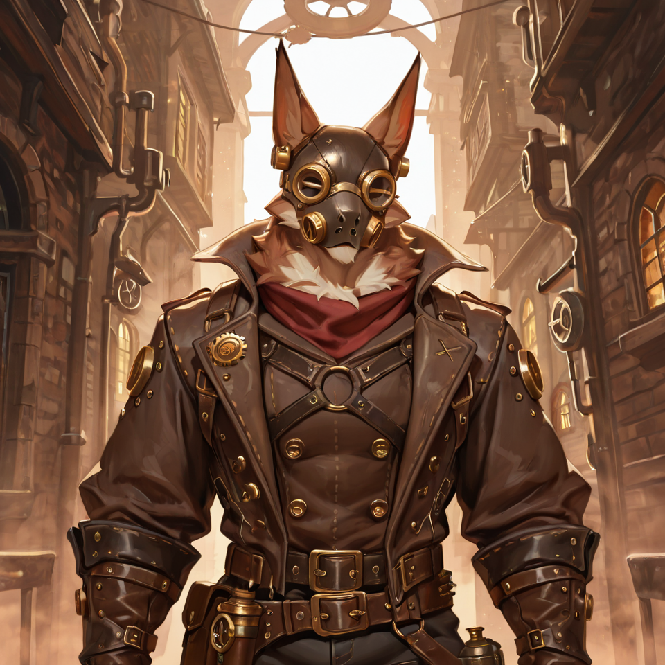 Muscular, steampunk, partially_clothed, mask_only, animal_genitalia,