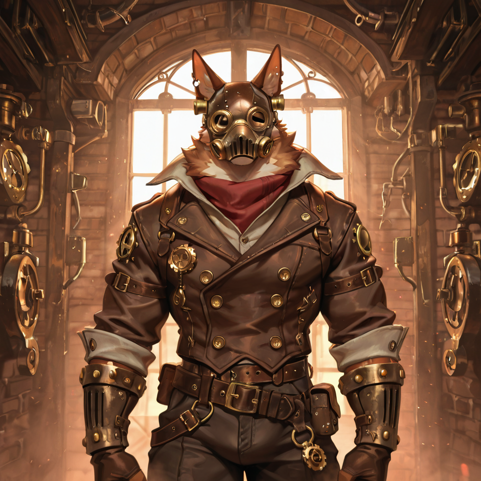 Muscular, steampunk, partially_clothed, mask_only,