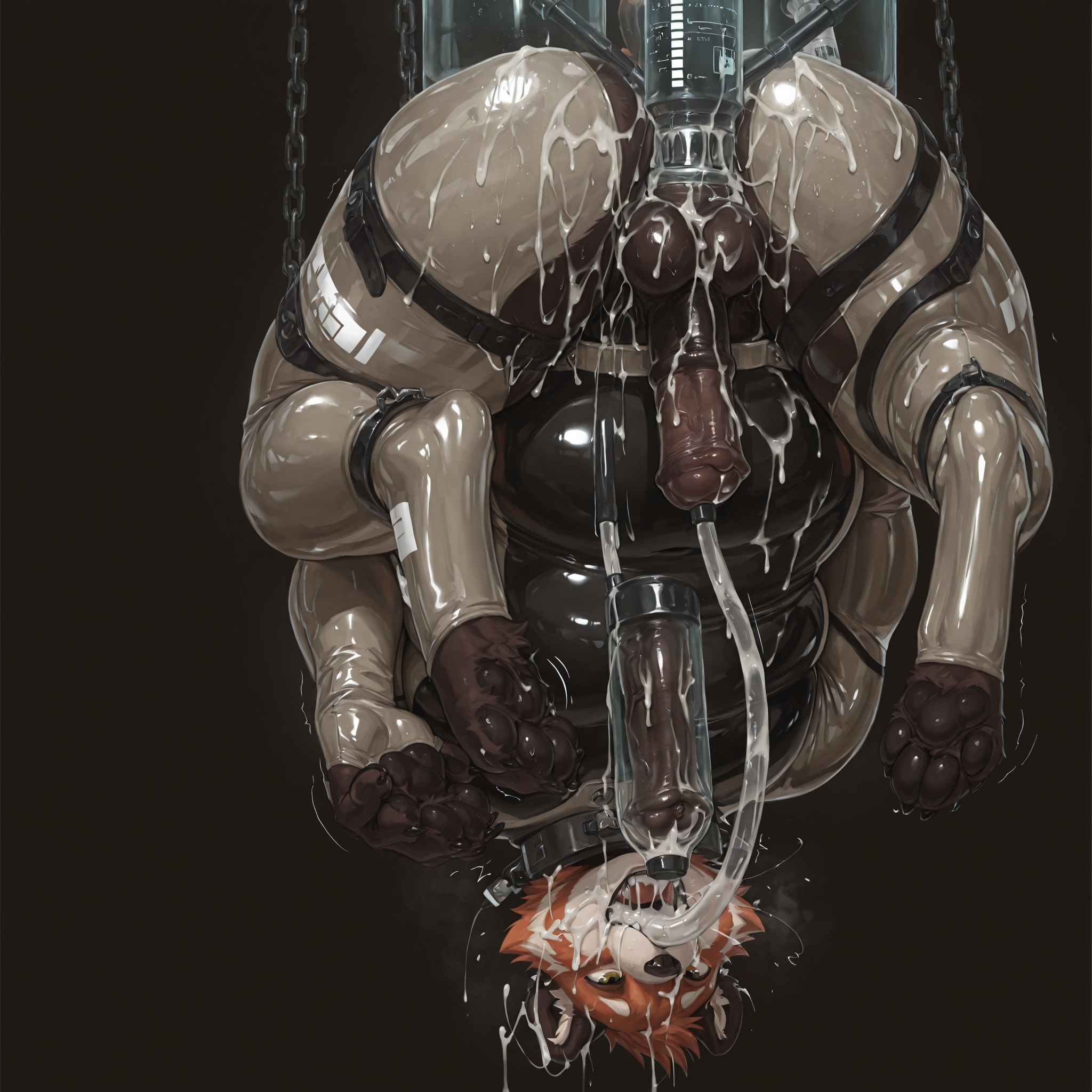 solo, red_panda, slightly_chubby, male, anthro, equine_penis, small_balls, anatomically_correct_penis, anatomically_correct, rubber_suit, chained, milking_machine, cum_in_own_mouth, cum_tube, laboratory, explicit