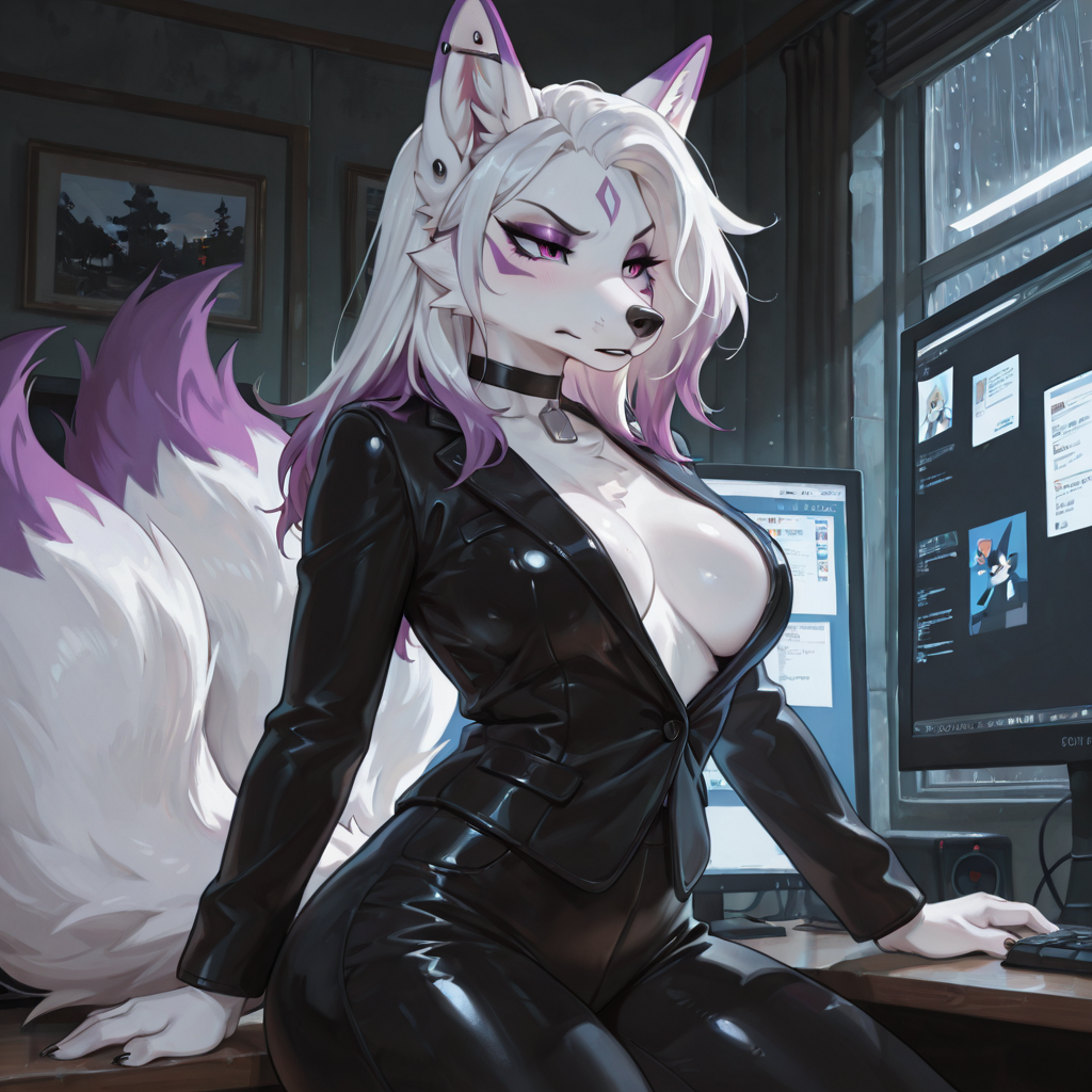 Strictly_females, No_males, solo_focus,  ~~~~~~~~~~~~~~~~~~~~~~~~~~ voluptuous_female, anthro_Kitsune, white_fur, two_tone_hair, medium_breasts,  purple_markings, Multiple_tails, mascara, dominant_nature,  annoyed,  ~~~~~~~~~~~~~ Black_Suit_top, multiple_piercings, choker, dog_tags, ~~~~~~~~~~~~~~~~~~~~~~~~~~~ Sitting_behind_desk, Working, Using_Computer, Looking_at_screen, Monitors_on_wall_in_background, japanese_esthetic , Raining_outside,
