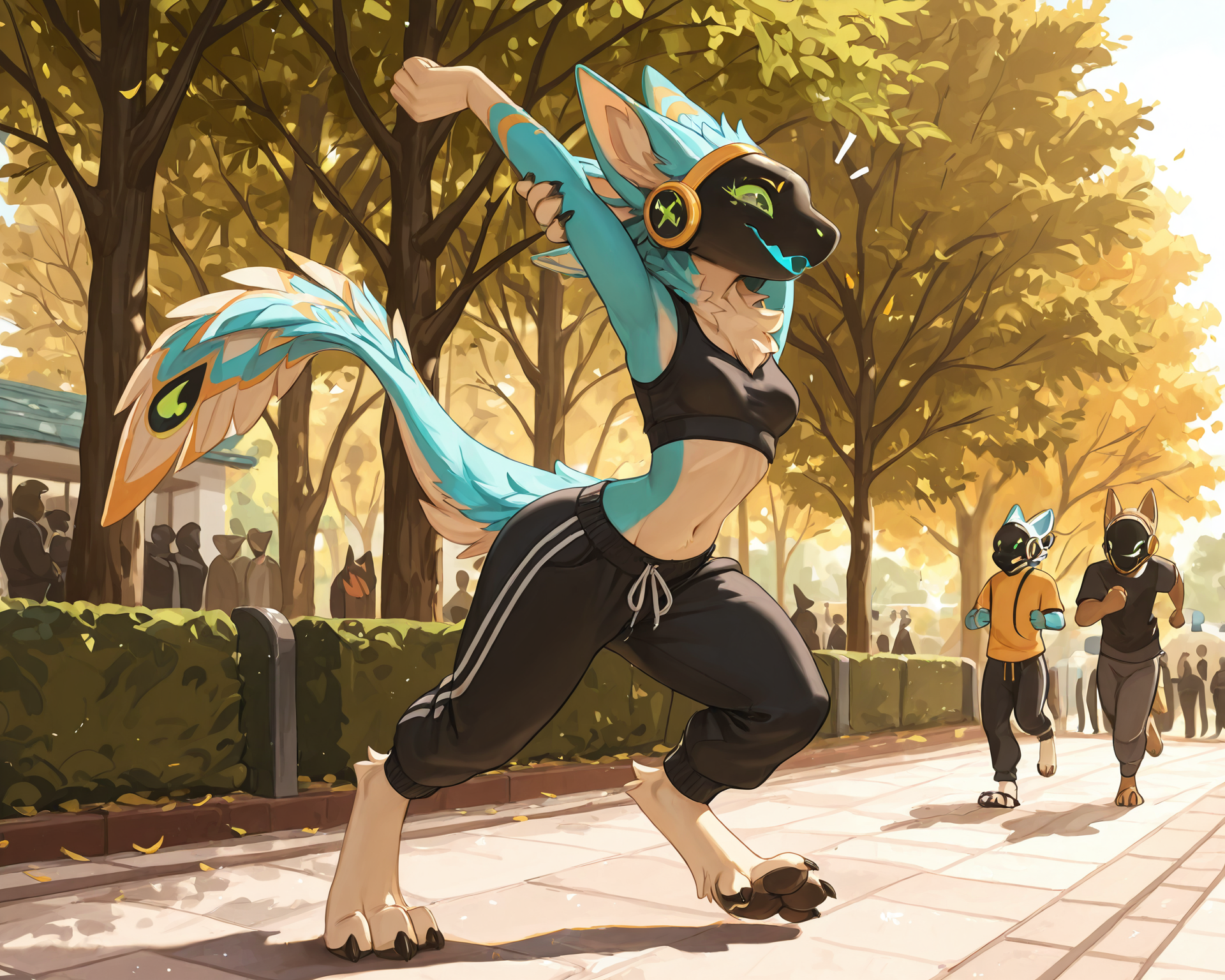 by_kluclew:1.5, solo_focus, protogen, avali, protogen_avali, hybrid, female, thin, slender, small_breasts, small_waist, jagged_mouth, jogging_clothers, digitigrade, three_toes, four_fingers, sweatpants, crop_top, sunny, park, populated_park, detailed_fur, being_watched, crowd, stretching