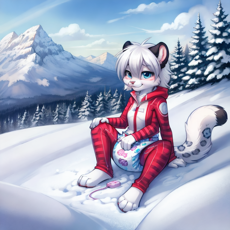 by tom fischbach,by arh,by seraziel,by silverfox5231, Character: feline,snow leopard, feral,detailed face,female,cute face, solo, solo, Wearing:  pattern skinsuit, diaper_under_clothing, vibrator_in_ass,  Scene:outside, mountain, snow, best_quality, HDR, 4K,