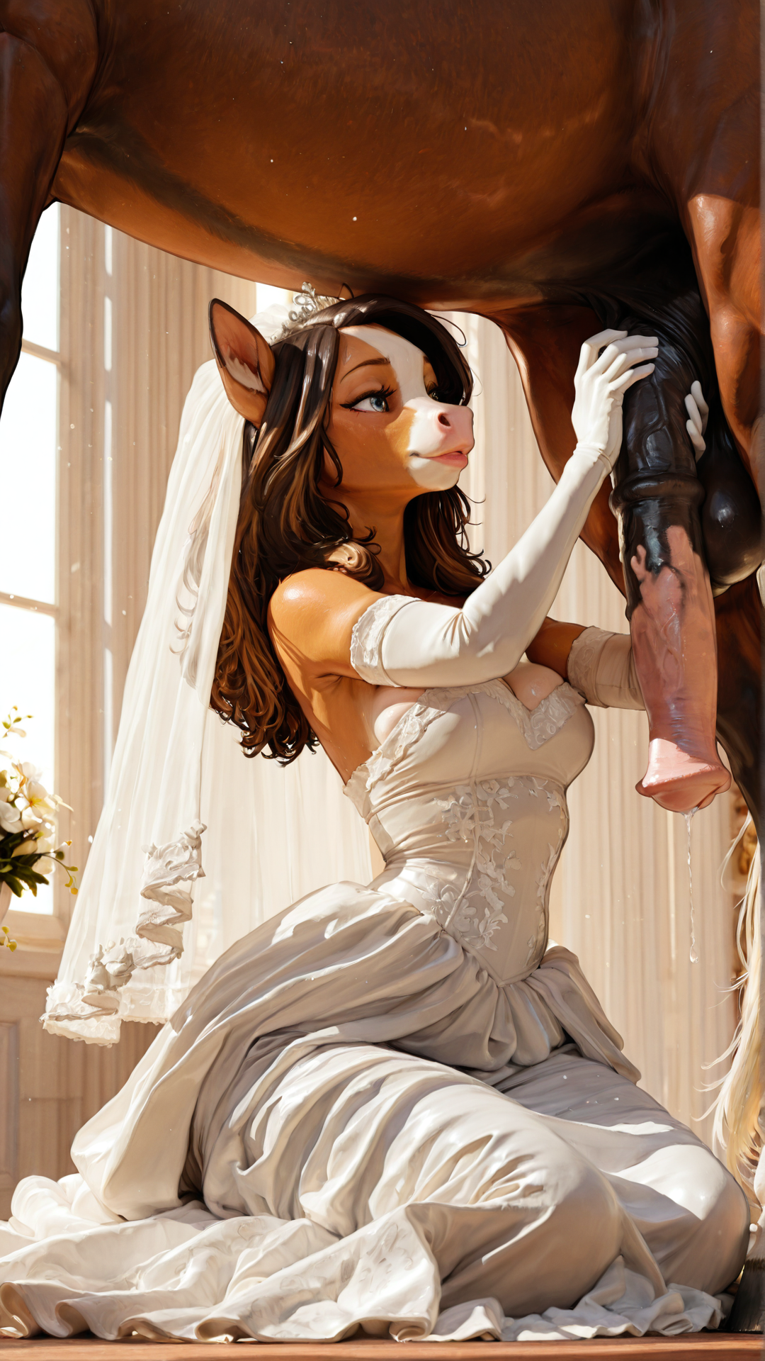 (((((by diathorn))))), masterpiece, realistic art style, feral horse, equine_penis, human female, wedding_dress