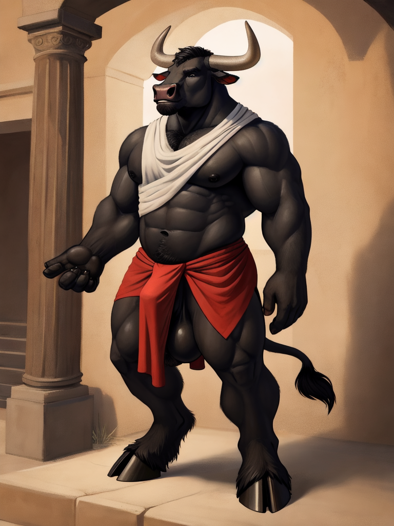 Anthropomorphic black minotaur man, fully anthro, full fur covered body, digitigrade legs, bovine hooves, , non-bovine face structure, bull-like facial proportions, expressive bovine ears, thin tail, anthro minotaur body proportions, animal-like anatomy, furry character, muscular anthro build, strong digitigrade legs, anthropomorphic minotaur man, not human, full furry character Confident stance, bold personality, greek island setting, photorealistic furry anthro character fully anthropomorphic animal character, non-human anatomy, furry anthro character, animal face, bovine muzzle anthropomorphic minotaur furry character, NOT human, animal head, bovine muzzle, fur covered body, digitigrade legs, paw hands, hoove feet, full anthro anatomy naked, fully_sheathed, sheathed_bovine_penis, bovine_genitalia, red_penis, big_balls, full_balls, greek toga, toga clothing, reveling clothing, black_body,  black_fur,